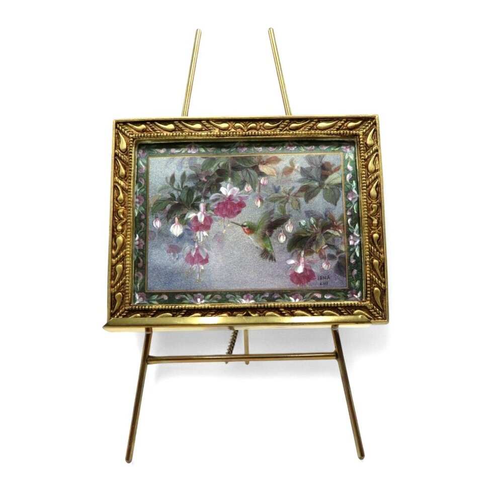 ENESCO Miniature HUMMINGBIRD Lena Liu On Easel Gold Framed Vintage 3.6 x 4.5"